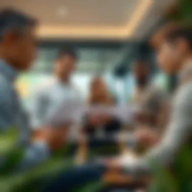 Analyzing Property Investments Diverse individuals analyzing property investment scenarios with financial documents