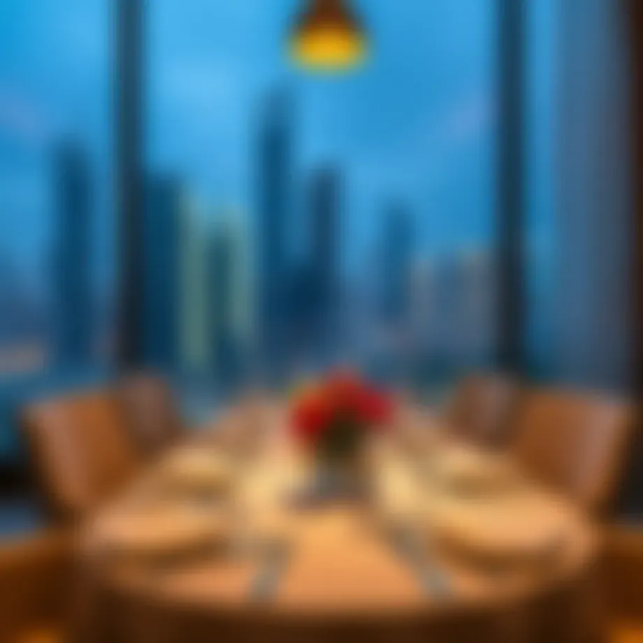 Elegant dining setup with a view of Dubai skyline