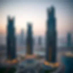 Stunning architectural view of Al Majara Towers against Dubai skyline