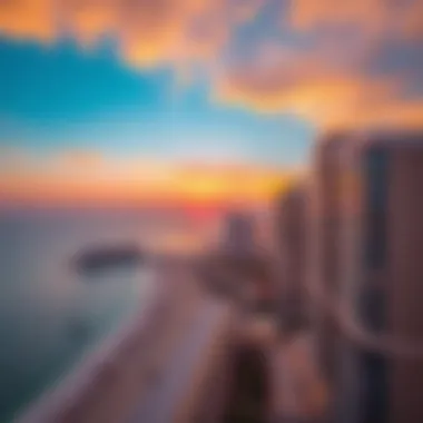 Panoramic view of Jumeirah Beach Residence at sunset