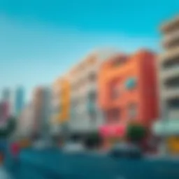 A vibrant street view of Deira showcasing modern apartment buildings