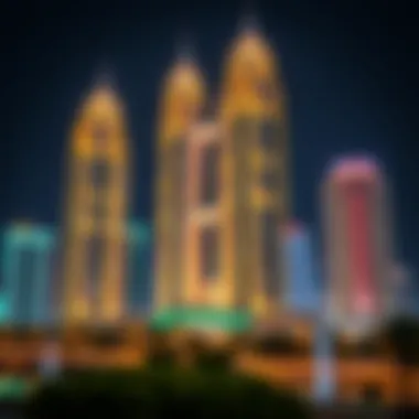 Enchanting Nightscape of Dubai's Palace Towers Vibrant night view of palace towers in Dubai