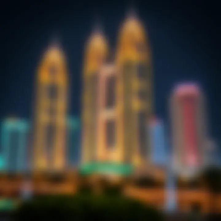 Enchanting Nightscape of Dubai's Palace Towers Vibrant night view of palace towers in Dubai