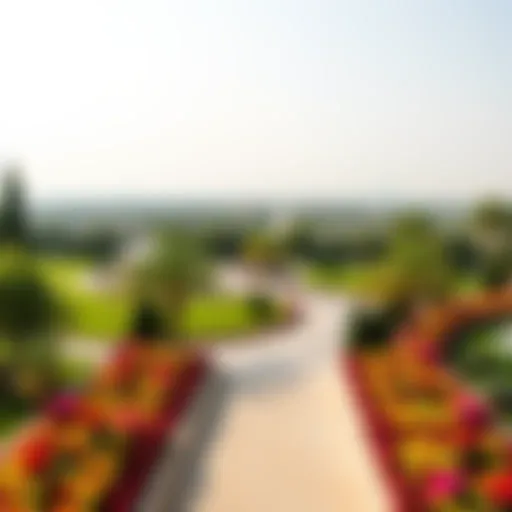 A panoramic view of Umm Emarat Park showcasing its lush greenery and vibrant flower beds.